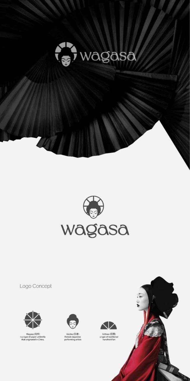 Portfolio desain logo Wagasa dalam presentasi monokrom dengan model berpakaian merah